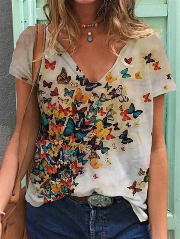 Womens Butterfly Print Tshirts Summer Casual Short Sleeve T-Shirt Loose Streetwear Harajuku T Shirt Ladies V Neck Top Tee 210306