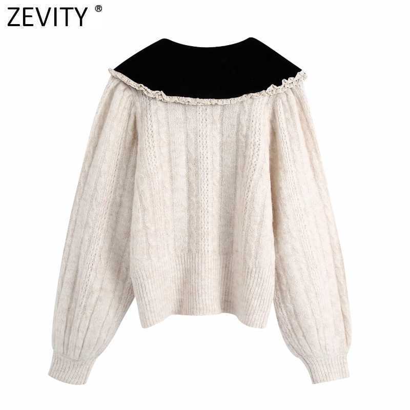 Zevity Women Sweet Velvet Collar Lace Ruffles Patchwork Knitting Sweater Female Chic Long Sleeve Casual Slim Pullovers Tops S513 210603