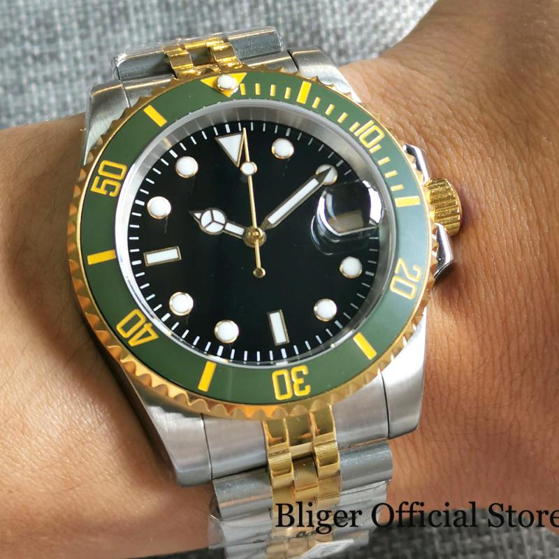 Wristwatches BLIGER Two Tone Gold NH35A Selfwinding Men Watch Green Insert With Mark Jubilee Band Sterile Black Dial Sapphire Crystal, Mingzhu 2813
Wristwatches BLIGER Two Tone Gold NH35A Selfwinding Men Watch Green Insert With Mark Jubilee Band Sterile Black Dial Sapphire Crystal, Mingzhu 2813