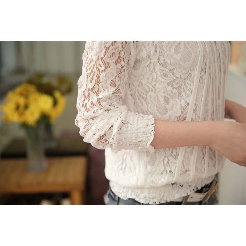 New Fashion Women Blouses White lace Blouse shirt plus size tops Long Sleeve O-neck Casual Lady Blouses Lace tops 61C 25 210225