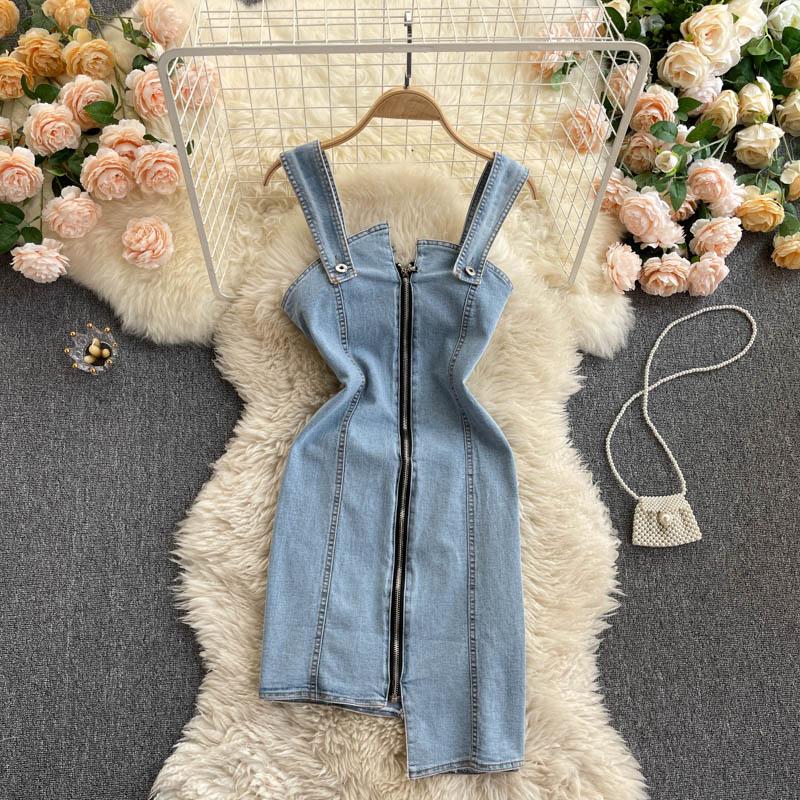 Casual Dresses Irregular Zipper Up Slim Short Prom Denim Dress Vintage Light Blue Sexy Sling Women' Summer Party Evening Club, Style 1
Casual Dresses Irregular Zipper Up Slim Short Prom Denim Dress Vintage Light Blue Sexy Sling Women' Summer Party Evening Club, Style 1