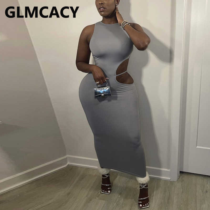 Sleeveless Cut Out Bodycon Maxi Dress Casual Solid Party Club Long Dresses 210702