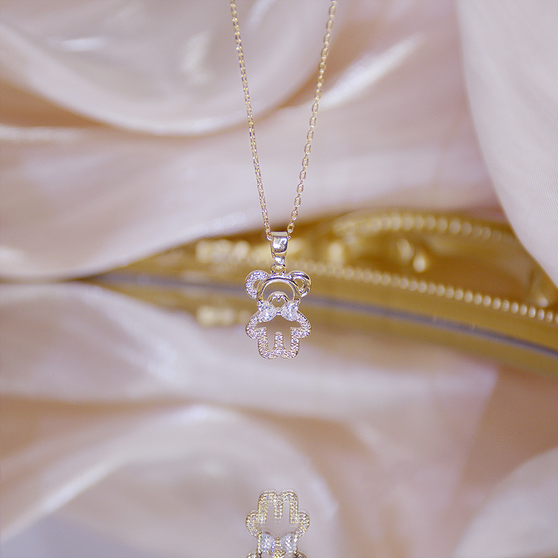 Feminia Cute Bear Short Necklace for Women Ins Shine Zircon Choker Birthday Gift Wedding Jewelry Pendant