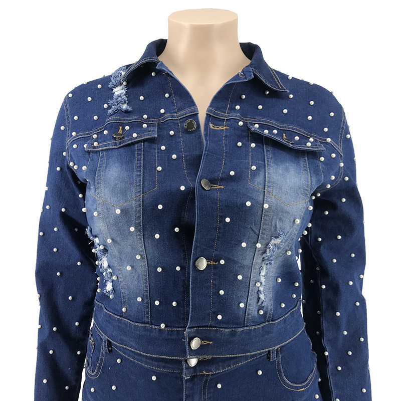 Denim Skirt Bead Womens Plus Size Two Piece Sets Long Sleeve Coat and Bag Hips Skirt Casual Outfits Wholesale Mini Dress 210306