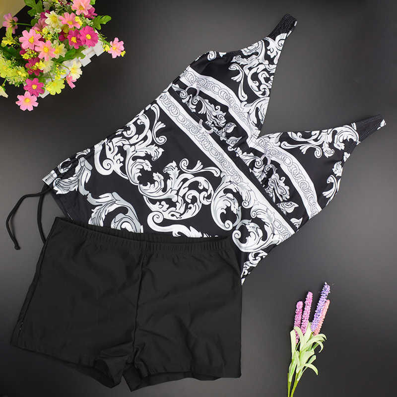 Two Piece Swimwear Women Plus Size Tankini Swimsuits with Shorts V neck Tankinis Set Swim Wear Black Print Bathing Suit 2XL 210611