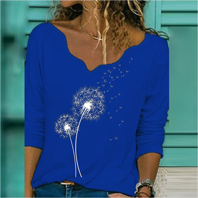 Elegant V Neck Long Sleeve T-Shirt Woman Dandelion Print Casual Shirts Fashion New Style Streetwear Women Tops Pullover 210302