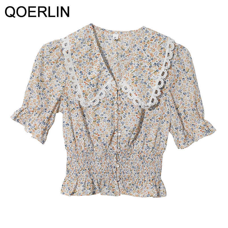 Chic Peter Pan Collar Elastic Waist Shirts Girls Sweet Korean Style Short Sleeve Slim Tops Blouse Fashion Printed Floral 210601
