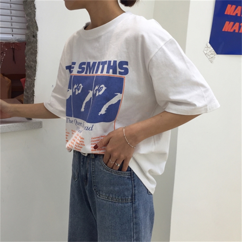 Vintage Letter Printed Causal White Cotton All Match Loose New Fashion Basic Short Sleeve Female T-shirts 210306