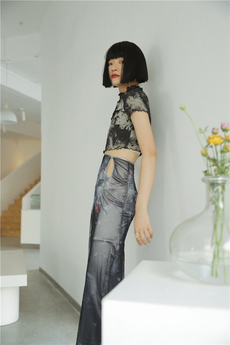 CHEERART Vintage Hollow Out High Waist Pencil Skirt Summer Print Layer Mesh Long Midi Skirt Grey Bodycon Ladies Skirt 210306