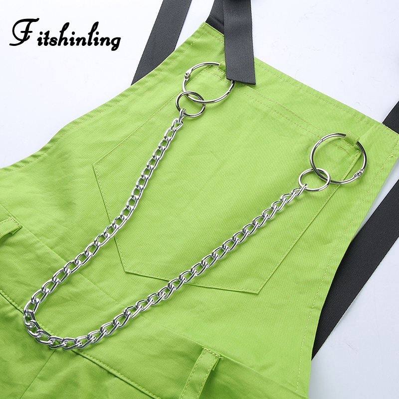 Fitshinling Fluorescence neon green jumpsuits women summer chain cargo playsuit fashion slim cotton buckle long jumpsuit female Y200904