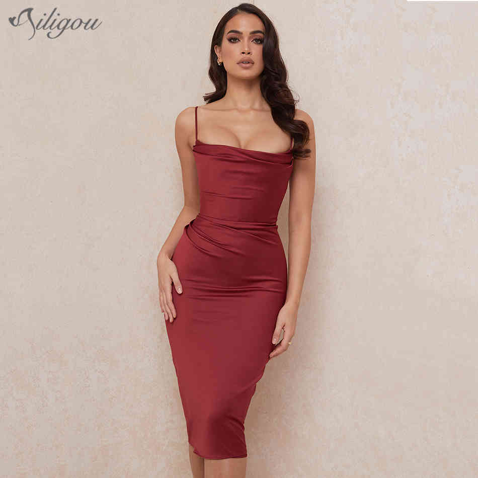 Ladies Sexy Spaghetti Strap Midi Dress Elegant Burgundy Club Party Halter Skinny Celebrity 210525