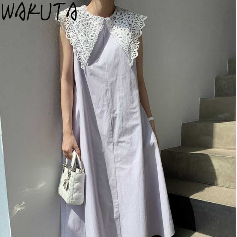 WAKUTA Lace Collar Sleevelesss Long Dress Women Korean Japanese Casual Loose Ladies Sweet Wind Elegant Vest Dresses Summer 210630