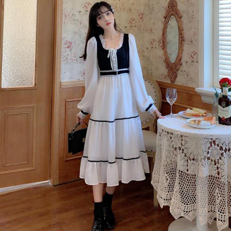 Casual Dresses Patchwork Fairy Dress Women Autumn Elegant Chiffon Sweet Party Female Kawaii Bandage Korean Fall 2021 Clothing
