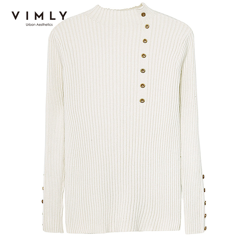 Vimly Spring Autumn Women Knitted Pullovers Tops Fashion Solid Stand Collar Buttons Slim OL Elegant Female Sweater 99157 201017