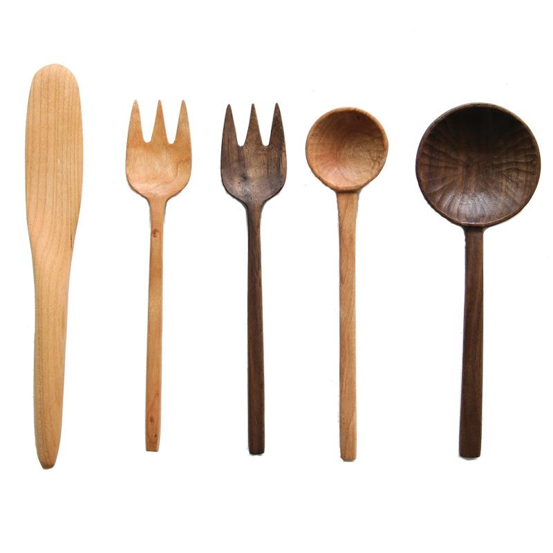 Wood Dinnerware Set Cutlery Spoon Fork Buttler Knife Eco Friendly Table Set Black Walnut/cherry Wood Spoon and Fork