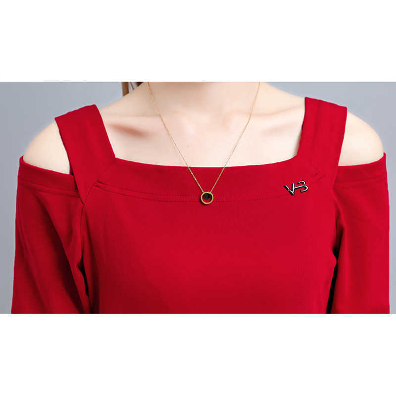 shintimes Off The Shoulder Tops For Women Korean Clothes Womens Cotton Long Sleeve T Shirt Poleras Mujer Full T-Shirt Femme 210615Z
