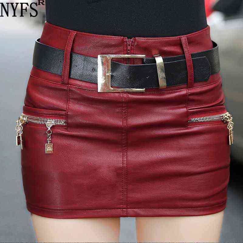 NYFS Style Spring Autumn Winter Women black color Slim PU Leather skirt Hip faldas S-XL Size(No belt) 211119