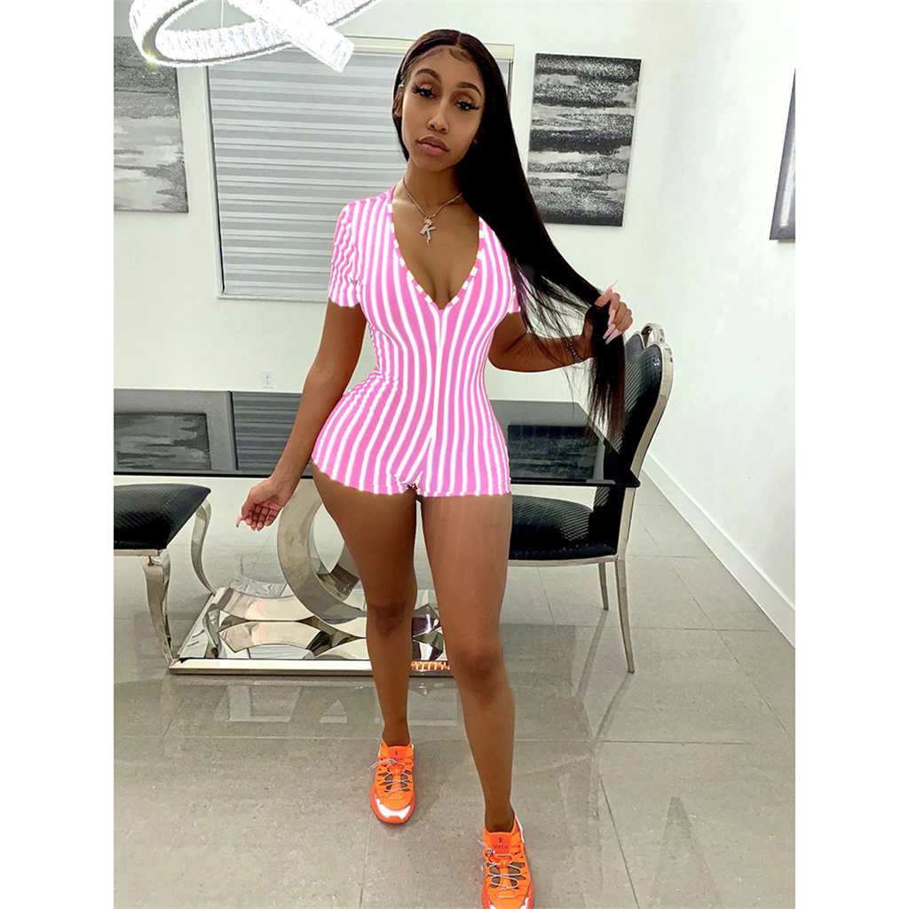 Women Summer Bodysuit Rompers Jumsuits Striped Short Sleeve Deep V Neck Zipper Bodycons Playsuit Jumpsuit Clubwear T200527