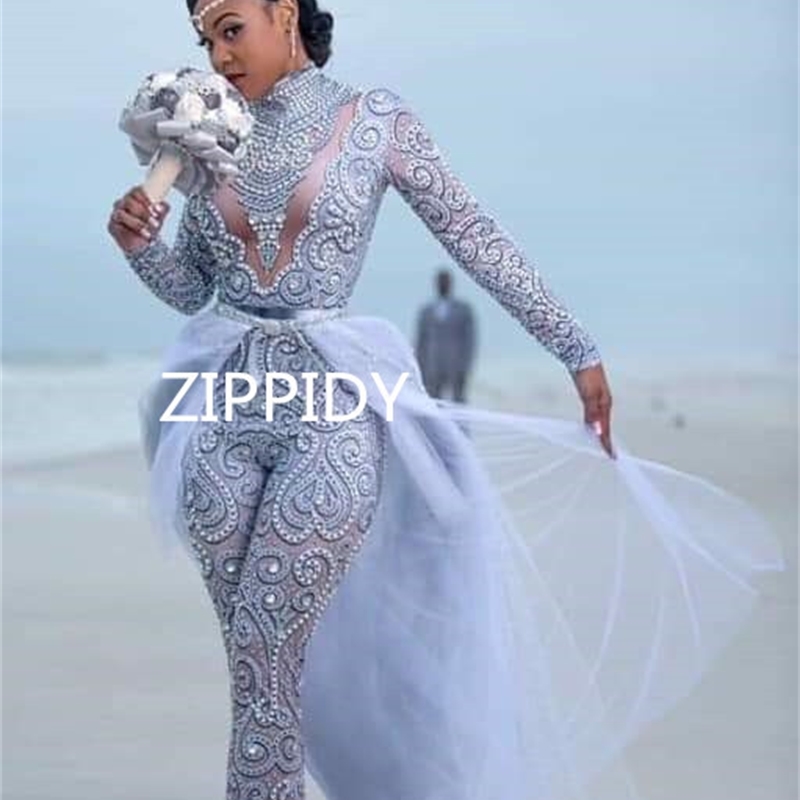 Fashion Pearls Rhinestones Bodysuit Big Stretch Sexy Jumpsuit Stage Birthday Evening Party Celebrate Singer Dance outfit T200303
