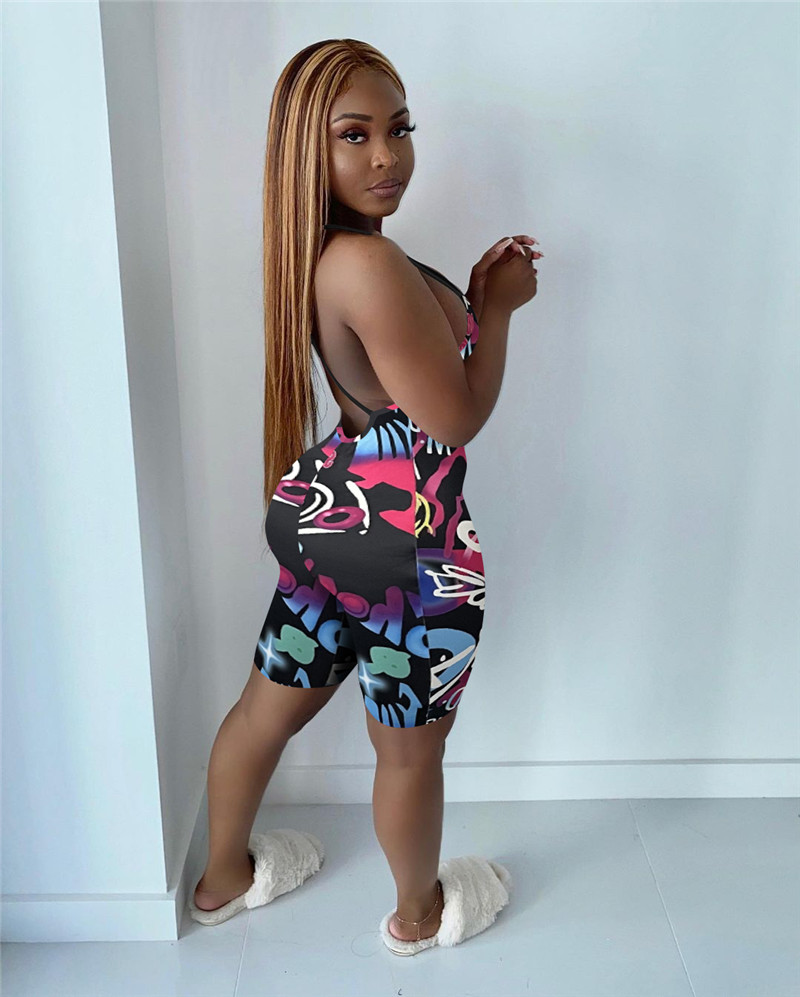 Wholesale Sexy Backless Jumpsuits Women Print Rompers Summer clothes Casual Bodycon Bodysuits Night Club Wear Skinny Sleeveless Overalls Bulk 6919
