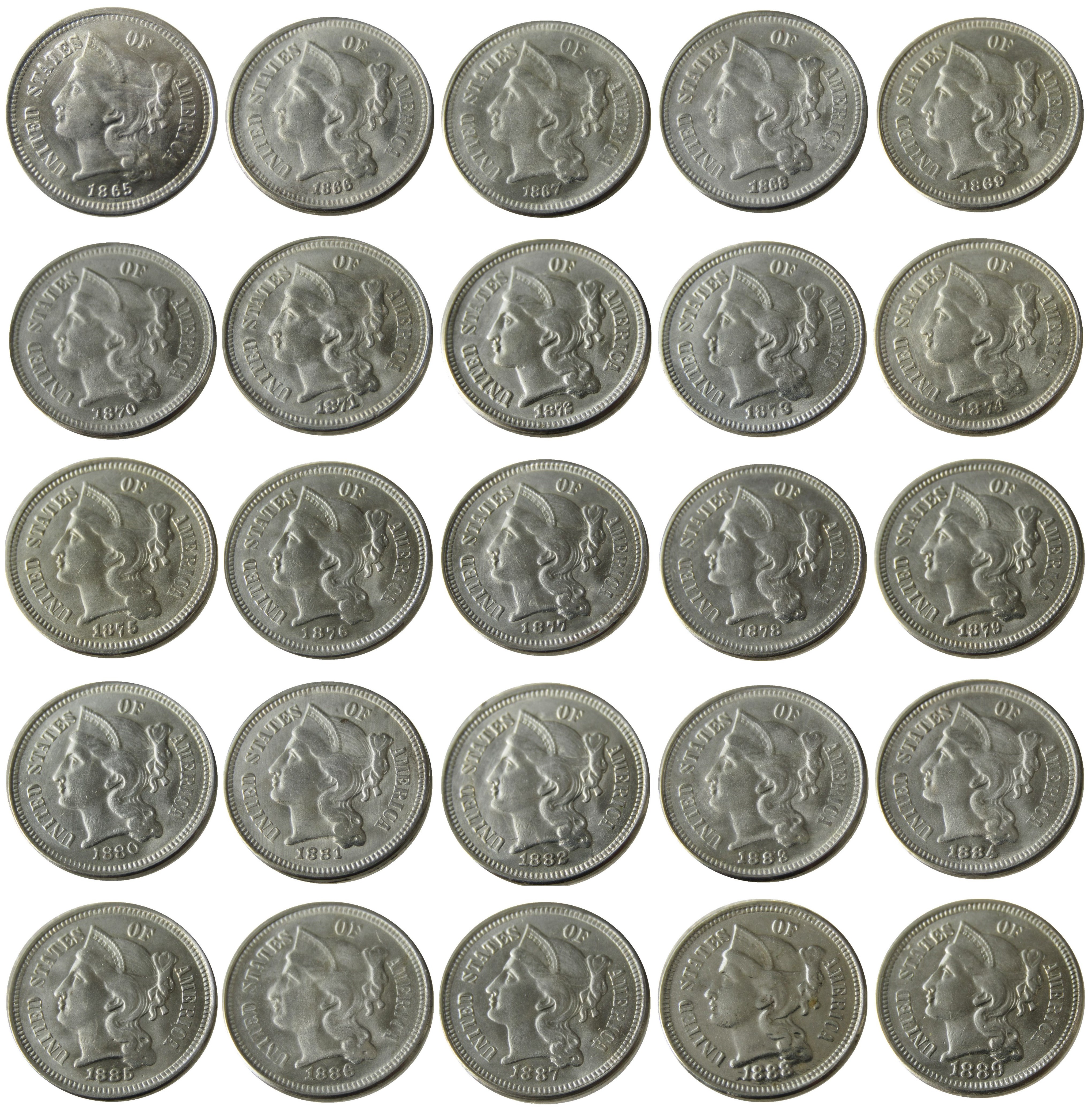 US A set of(1865-1889) 25pcs Three Cent Nickel Copy Coin metal craft dies manufacturing factory Price
US A set of(1865-1889) 25pcs Three Cent Nickel Copy Coin metal craft dies manufacturing factory Price