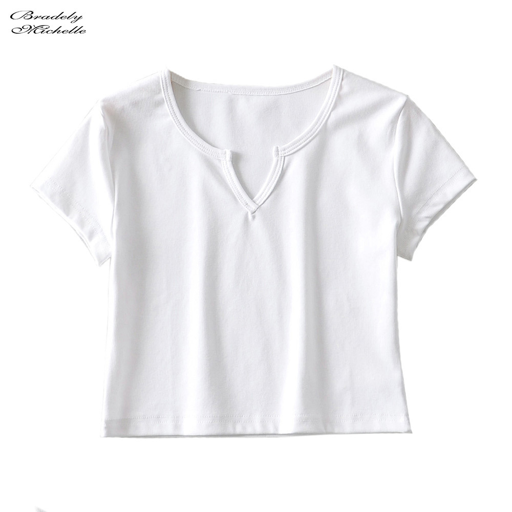 Bradely Michelle Summer women casual basic crop top high-quality Elastic solid cotton short sleeve v-neck harajuku t shirt 210306