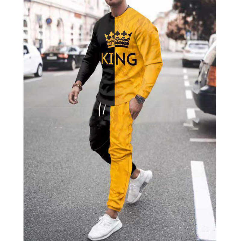Spring Autumn Men's Set Casual Sportswear Fashion Male Running Suit Men Long-sleeved T-shirt+Sports Trousers 2-Piece Plus Size 211006