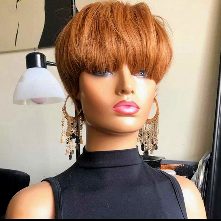 Short Cut Straight Hair Wig Peruvian Remy Human Hair Full Wigs For Black Women Brown black Color With Bangs