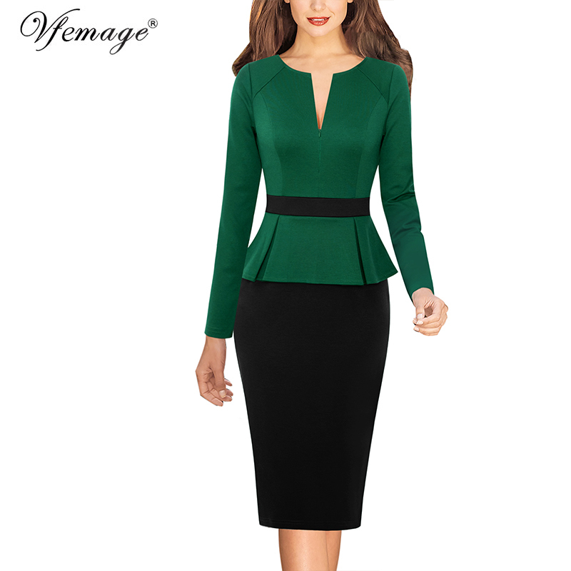 Vfemage Womens Autumn Front Zipper Peplum Solid Colorblock Contrast Work Business Office Party Sheath Bodycon Pencil Dress 671 201008