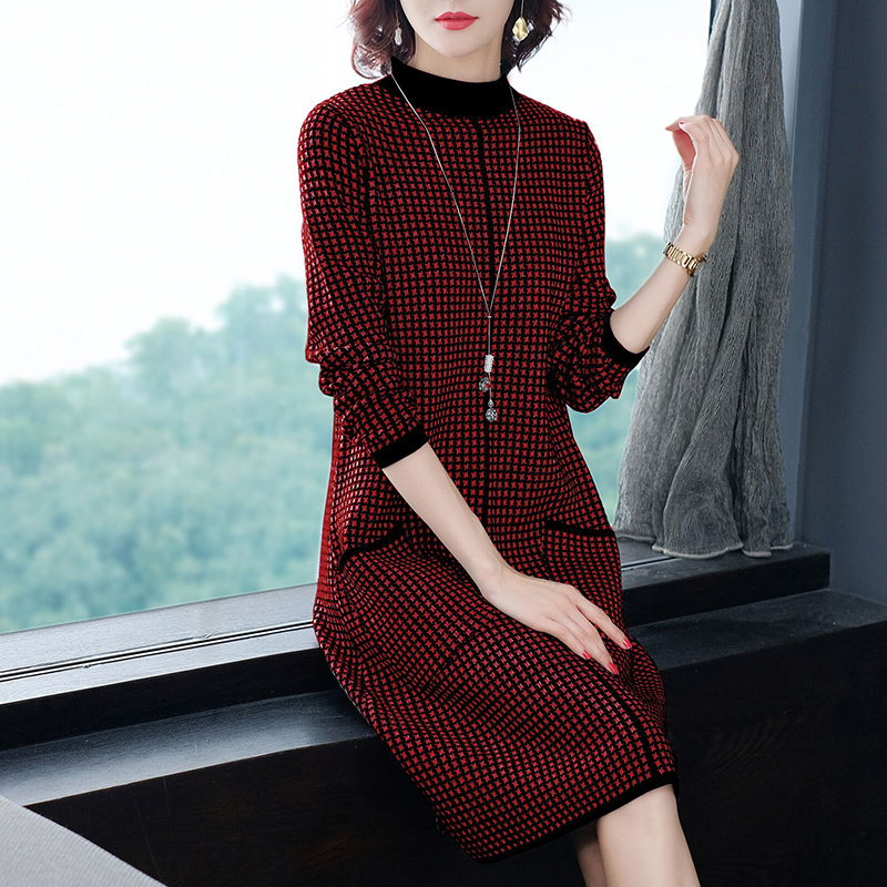 Winter Vintage Casual Plaid Midi Cashmere Sweater Dress Autumn 3XL Plus Size Long Sleeve Elegant Bodycon Women's Turtleneck 210218