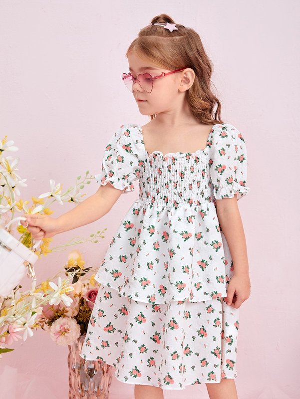 Toddler Girls Floral Shirred Puff Sleeve Layered Hem Dress SHE
