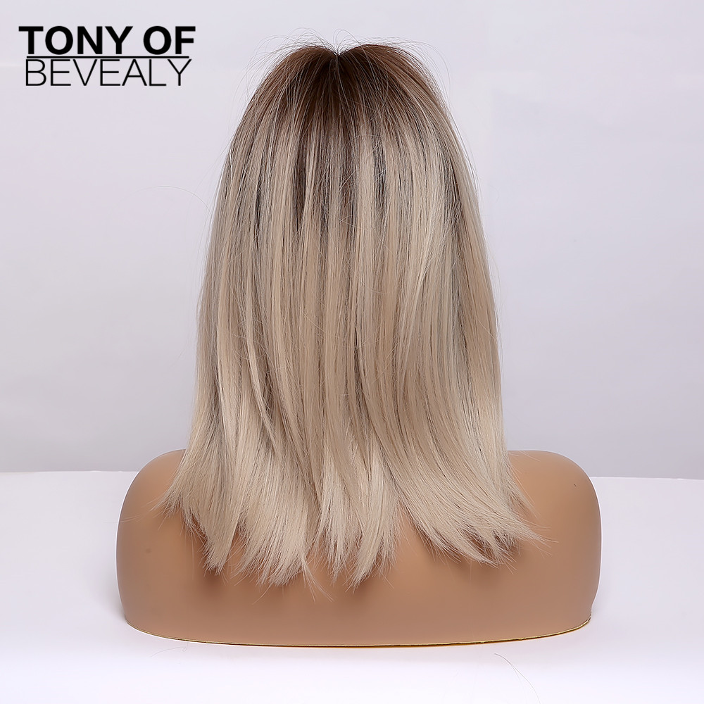 Synthetic Length Ombre Brown to Blonde Straight Hair Wigs with Bangs Synthetic Wigs for Women Cosplay Heat Resistant Natural Wigs