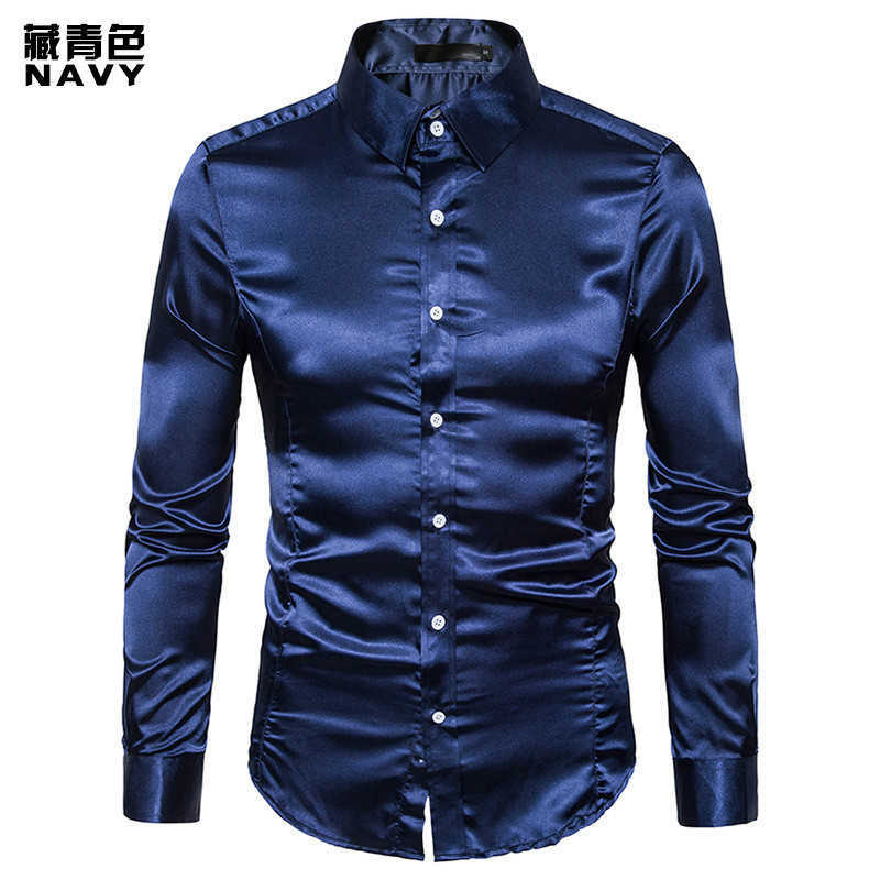 Silk Shirt Men Satin Smooth Men Solid Tuxedo Business Shirt For Men Casual Slim Fit Shiny Gold Wedding Dress Shirts 210708