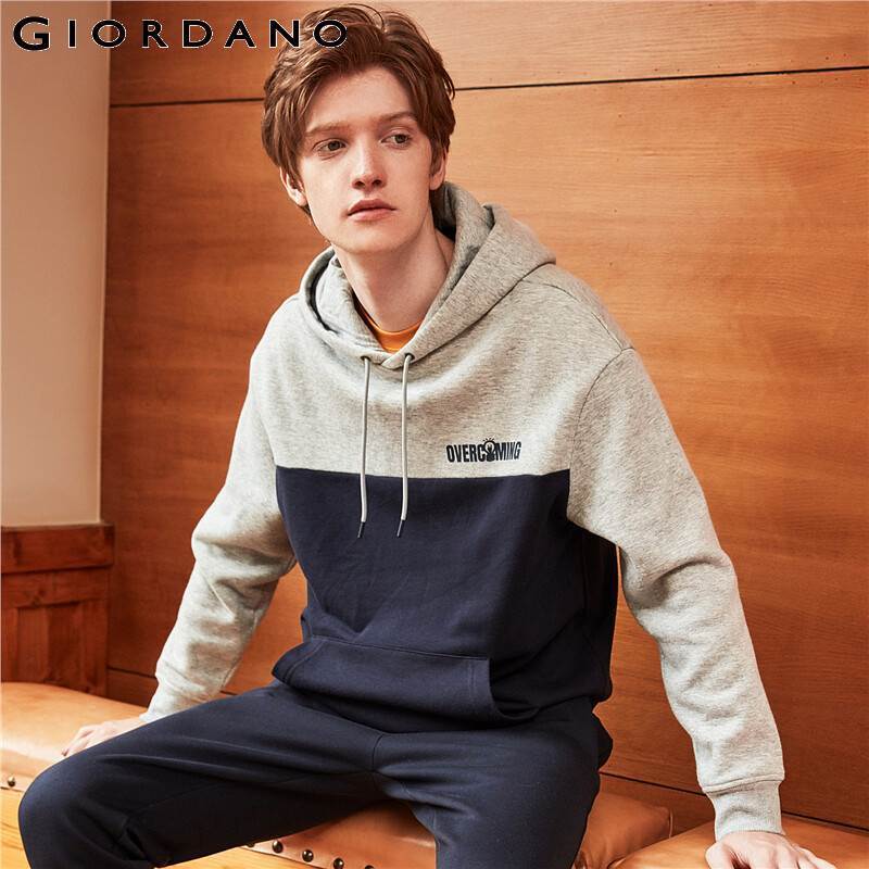 Giordano Men Hoodies Thick Long Sleeve Hooded Sweatshirt Contrast Printed Letter Poleron Hombre Pocket Moleton 01029879 201020