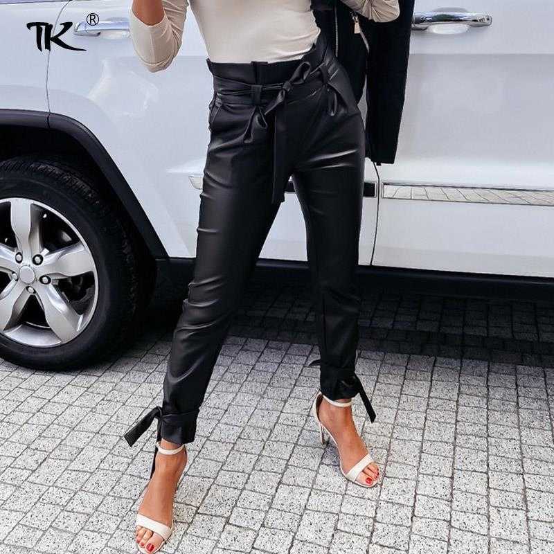 Women Black PU Leather Pants High Waist Sashes Lace Up Streetwear Trousers Female Office Lady Elegant Autumn Winter Pant 211115