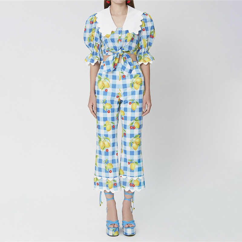 Sweet Plaid Print Women Sets Puff Sleeve Wave Side Crop Tops + Fresh Patchwork Design Wide Leg High Waist Pants Spring 210525, Blue
Sweet Plaid Print Women Sets Puff Sleeve Wave Side Crop Tops + Fresh Patchwork Design Wide Leg High Waist Pants Spring 210525, Blue