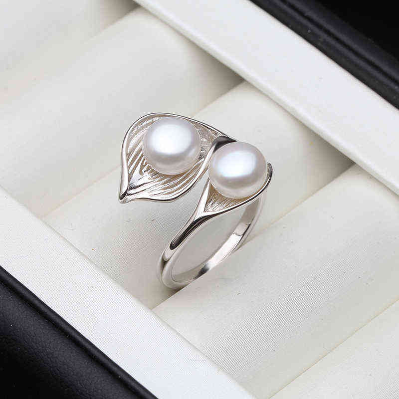 Wedding Real Natural Freshwater White Black Double Pearl Ring Boho Fashion Leaf 925 Sterling Silver Rings For Women 220207