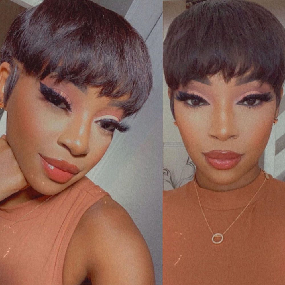 Short Human Hair Wigs Pixie Cut Straight Brazilian Remy Hair none Glueless Full lace front Wig With Bangs Fringe Black/brown Color