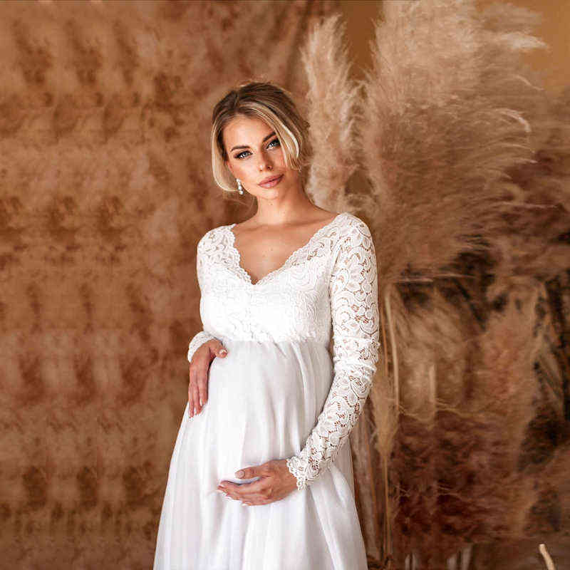 Sexy V-Neck Long Sleeve Lace Dress For Pregnant Women Casual Sexy Evening Dress White Maxi Maternity Dresses For Photo Shoot AA220309