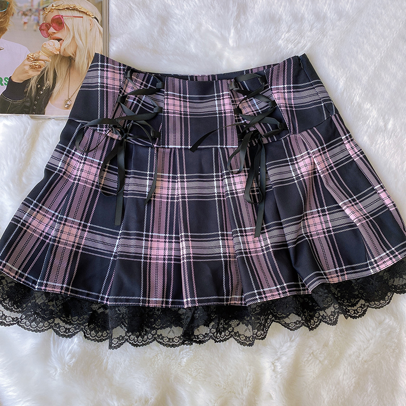 Gothic Punk Girls Pink Plaid Pleated Skirt Women Streetwear Harajuku Y2k Fashion Sweet Lace Splices Mini Skirts Lolita Skirt 210306