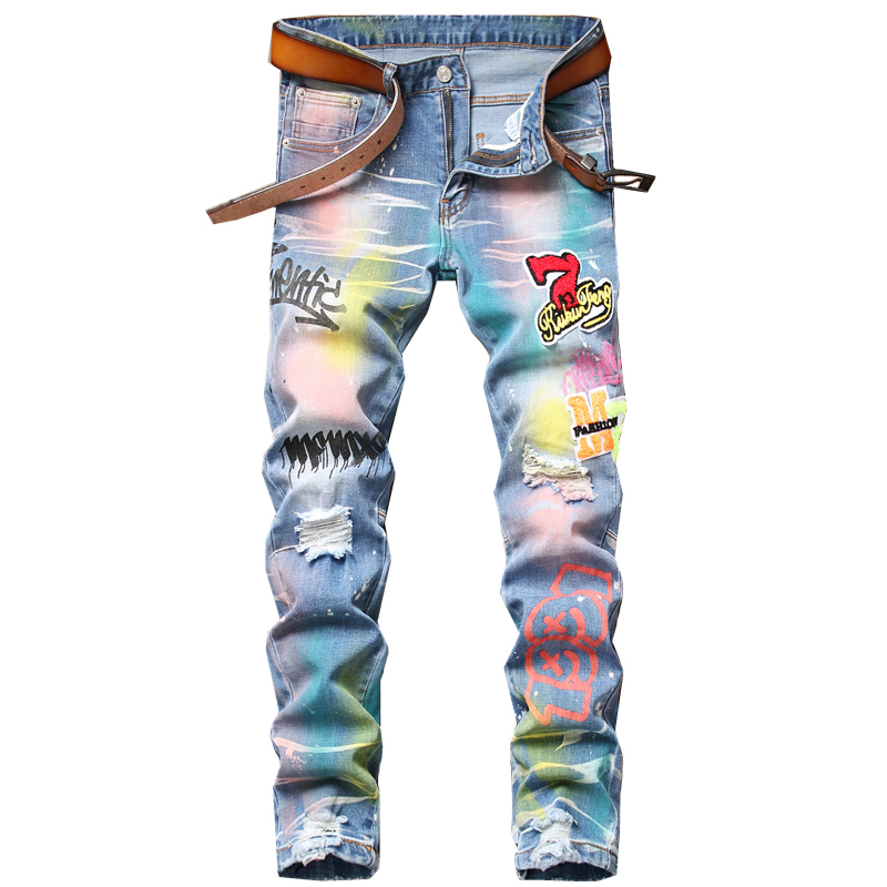 Splattered Ink Colorful Printing Ripped Patch Men's Jeans Small Straight Slim Micro-elastic Trendy Pants For Male Pantalons Pour Hommes, 3029
Splattered Ink Colorful Printing Ripped Patch Men's Jeans Small Straight Slim Micro-elastic Trendy Pants For Male Pantalons Pour Hommes, 3029