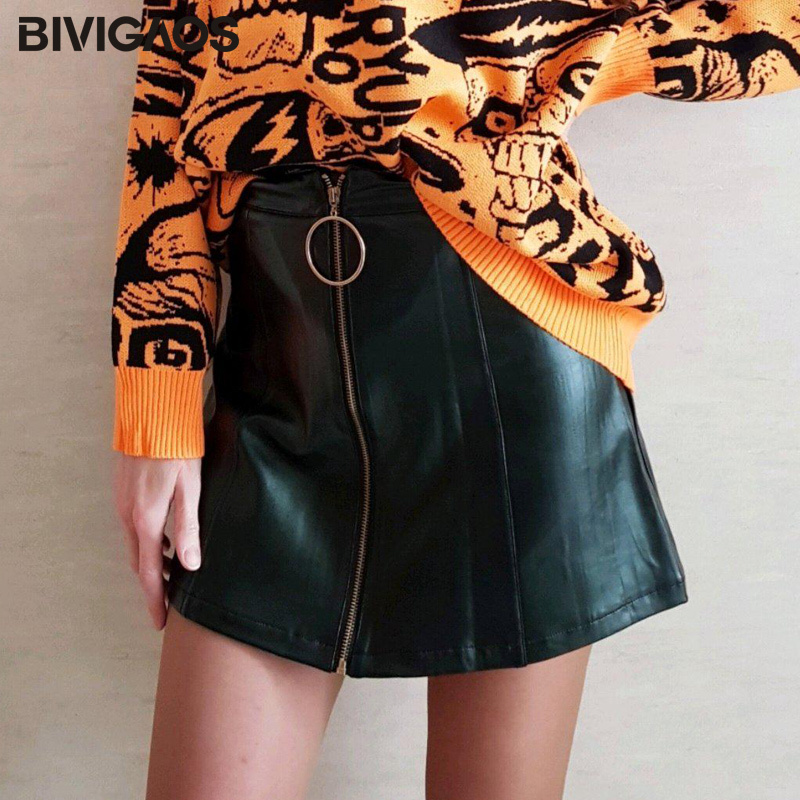 BIVIGAOS Womens Fashion Korean High Waist Mini Skirts Big Ring Zip PU Leather Skirt Aline Skirt For Spring Autumn Winter 210306