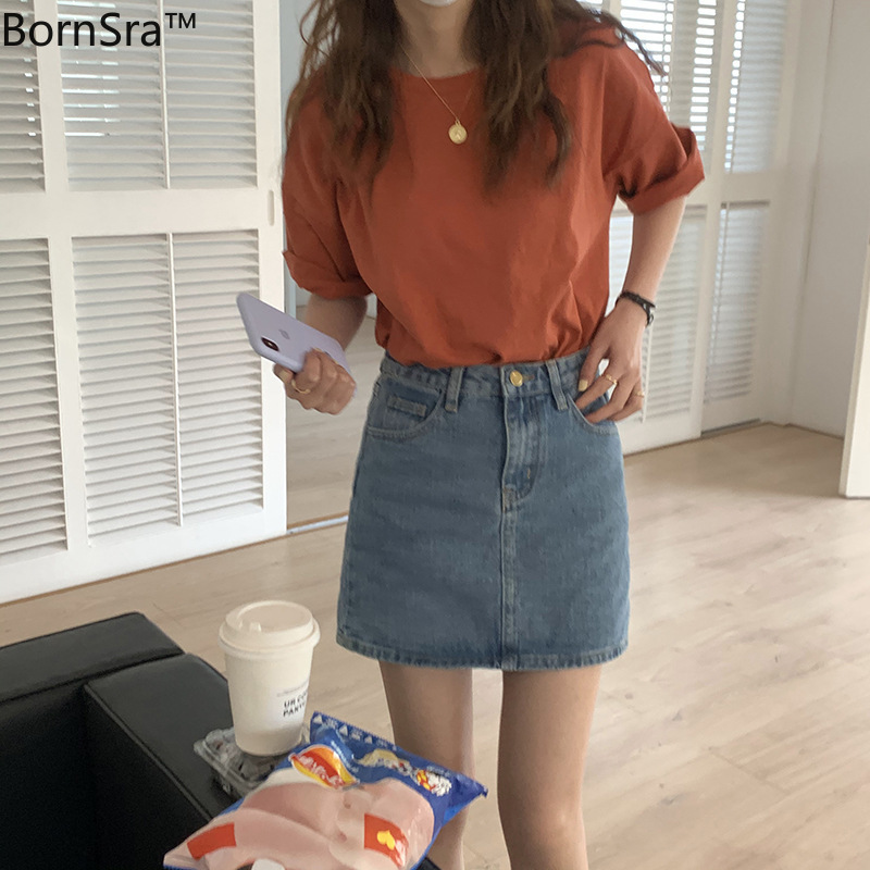 Bornsra Basic Solid-color Round-neck Short-sleeved T-shirt Women's Spring Korean Version of Loose-fitting Jacket T1566 210306