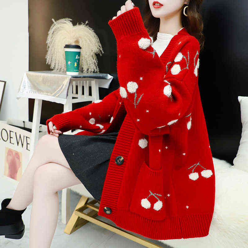 Autumn Fashion Cherries Embroidery Mid-length Cardigans Women V-Neck Bat sleeve Pocket Knitting Sweater Coat Loose Ladies Tops 211117