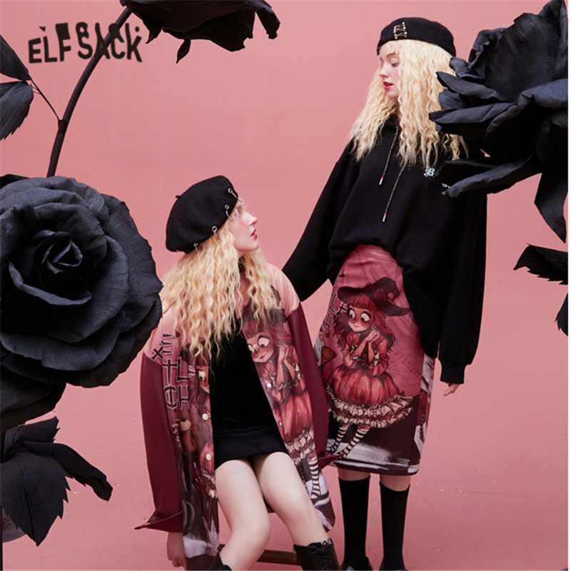 ELFSACK x NEIMY Harajuku Witch Print Casual Oversize Hoodies Sweatshirt Women, Autumn Korean Female,Daily Cute Graphic Top 201217