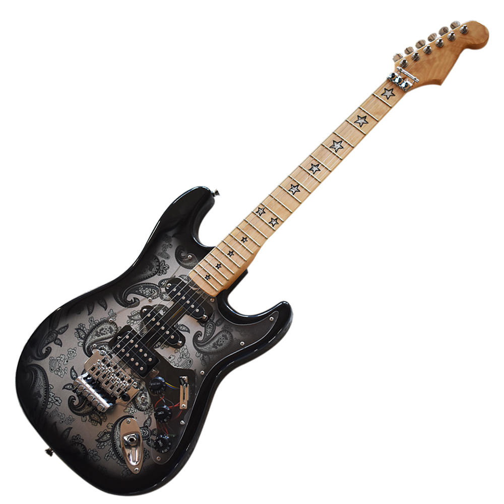 6 Strings Black Electric Guitar with Flower Pattern,Maple Fretboard,Floyd Rose,High Cost Performance