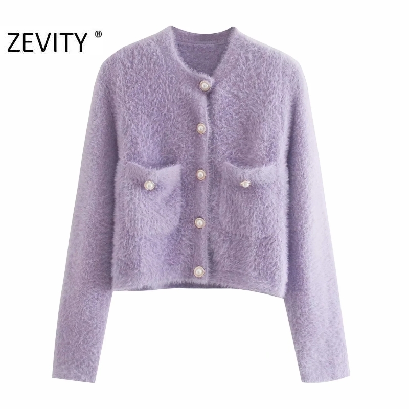 Zevity Women Fashion Candy Colors Pockets Patch Cardigan Knitting Sweater Female Chic Long Sleeve Pearl Breasted Slim Tops S460 210218