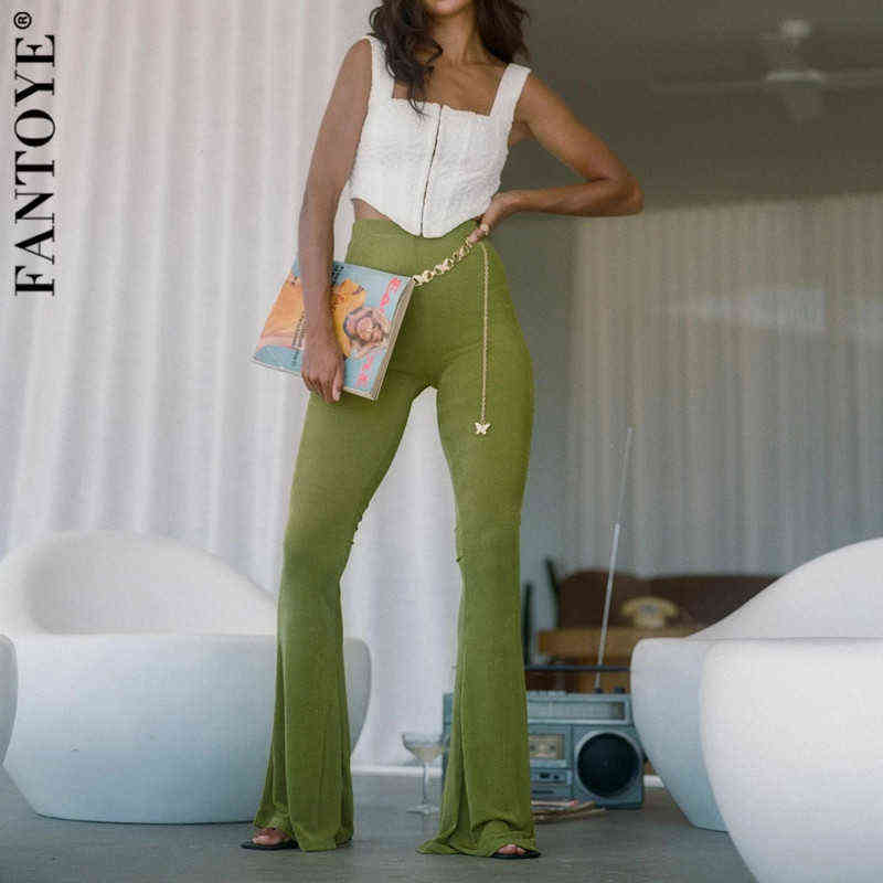 Fantoye Spring High Waist Flare Stretch Pants For Women Fashion Green Slim Long Trouser Streetwear Casual Solid Woman 211115