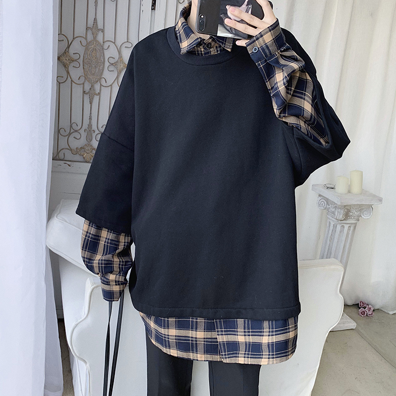 Men's Two Paper Piece Coats Lattice Printing Tide Hoodies Cotton Clothes Casual Pullover Balck/Apricot Color Sweatshirts 201103