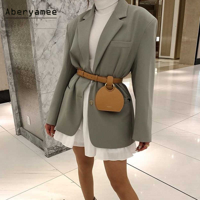 Aberyamee Women's Overshirt Oversized Blazer Long Sleeve Notched Jackets Autumn Pockets Ladies Outwear Green Clothes Female 210930